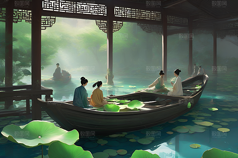 水墨画中的夏天船上观荷
