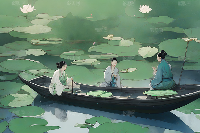 水墨画中的夏天船上观荷