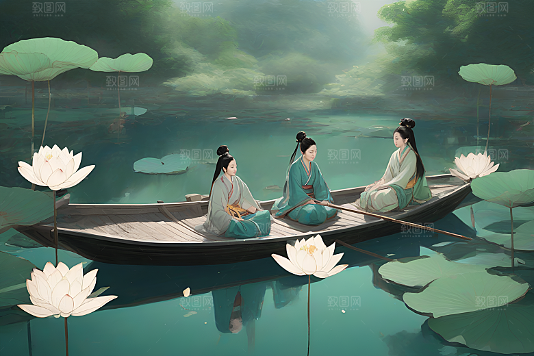 水墨画中的夏天船上观荷
