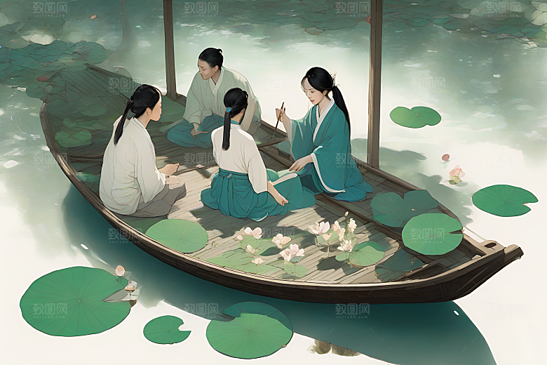 水墨画中的夏天船上观荷