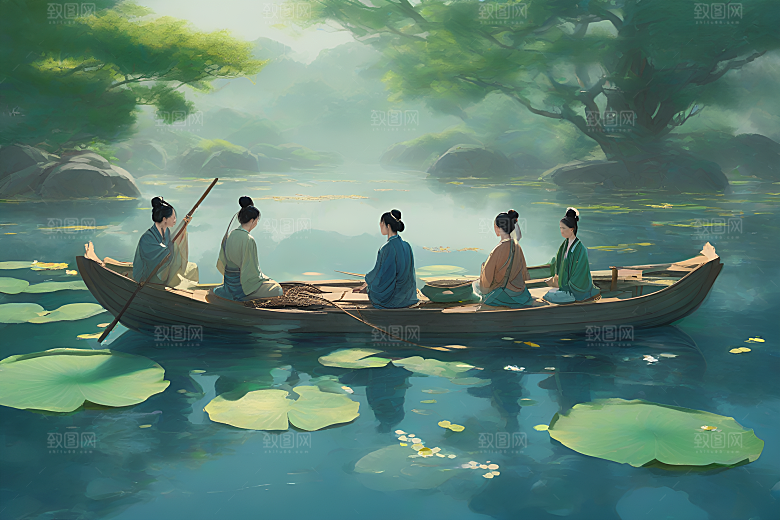 水墨画中的夏天船上观荷
