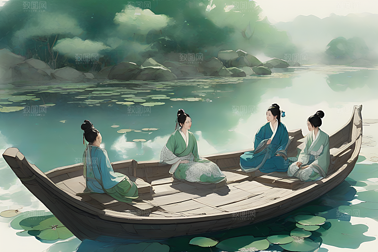 水墨画中的夏天船上观荷