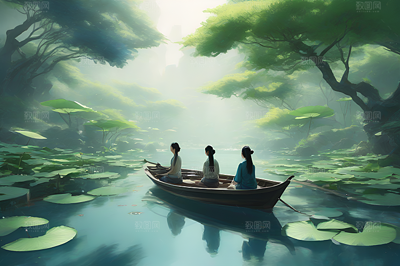 水墨画中的夏天船上观荷