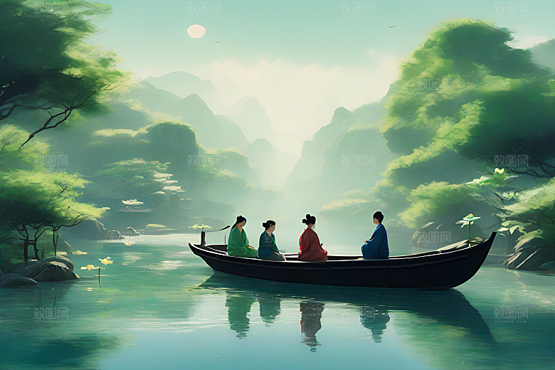水墨画中的夏天船上观荷