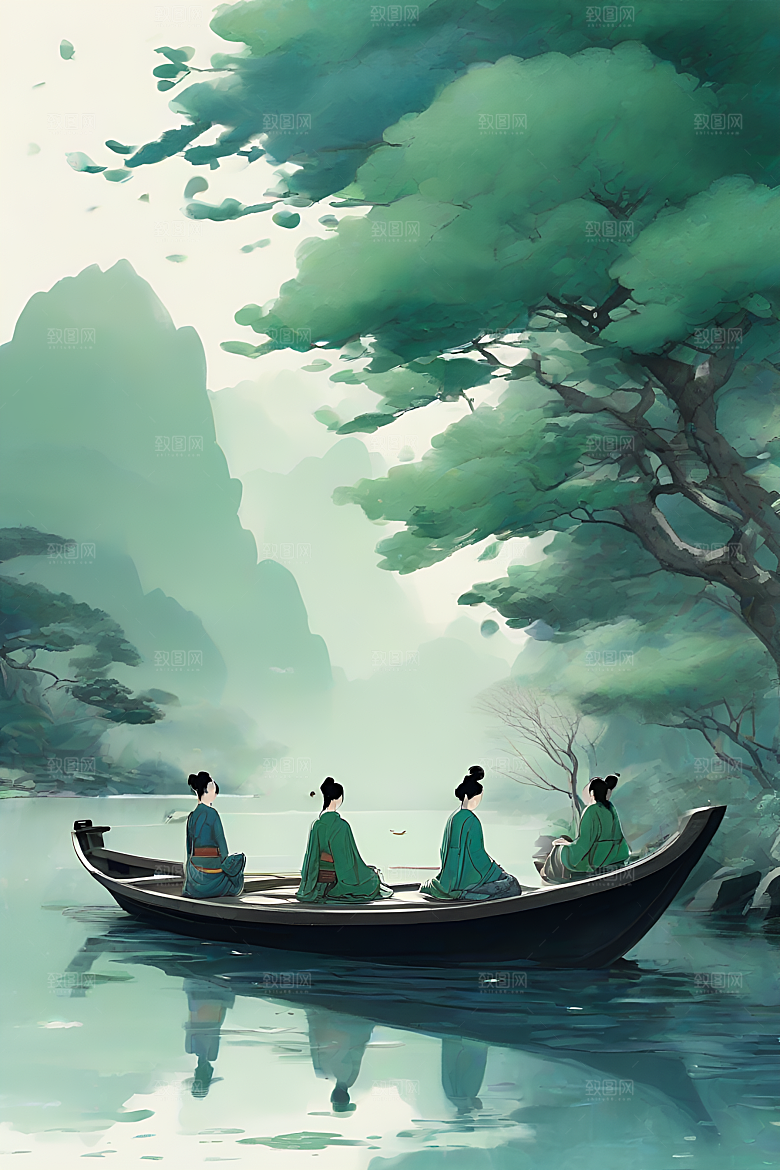 船上赏荷中国水墨艺术