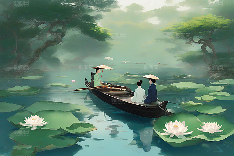 夏日水墨情荷花盛放