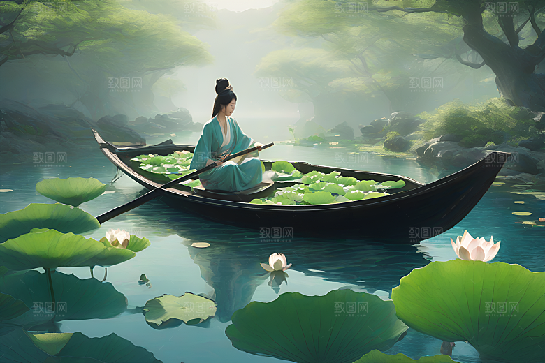 夏日水墨情荷花盛放