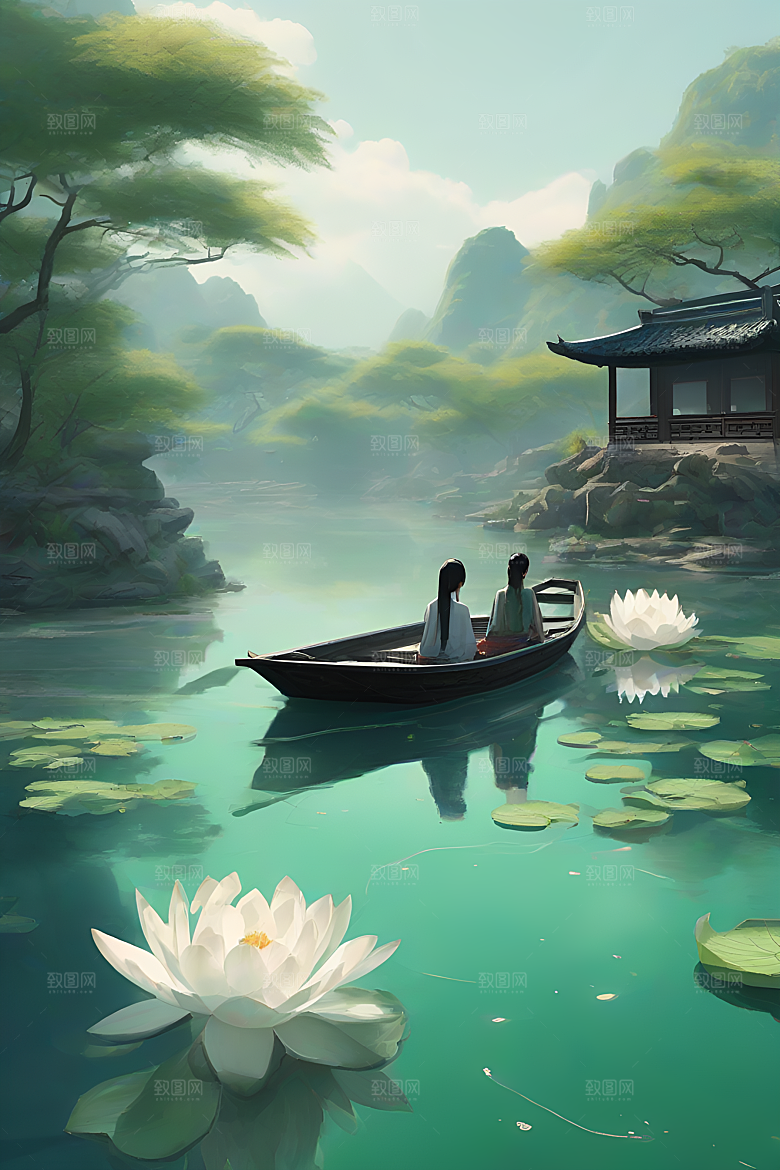 船上赏荷中国水墨艺术