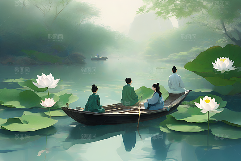 夏日水墨情荷花盛放