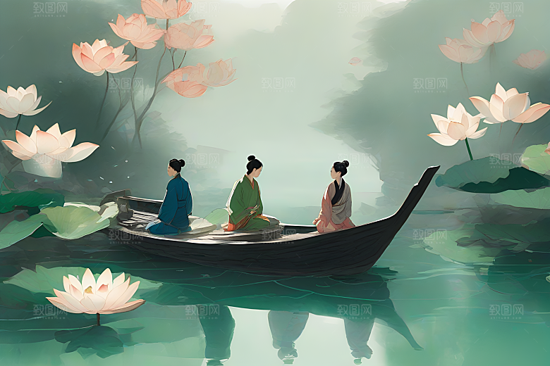 船上赏荷中国水墨艺术