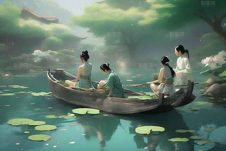 船上赏荷中国水墨艺术