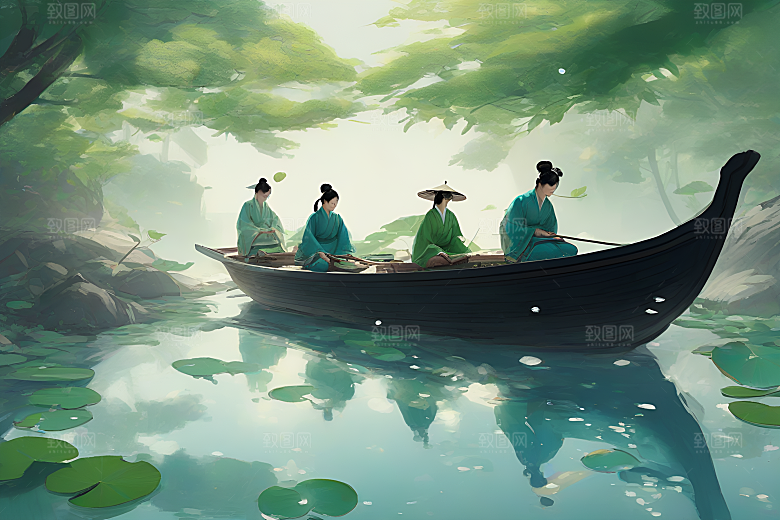 船上赏荷中国水墨艺术