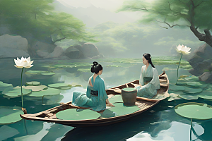 船上赏荷中国水墨艺术