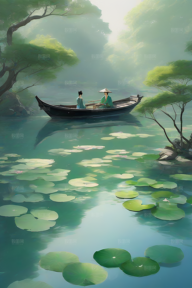 阳光下的水墨画波光荷花