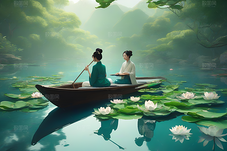 阳光下的水墨画波光荷花