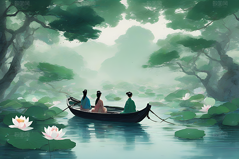 阳光下的水墨画波光荷花