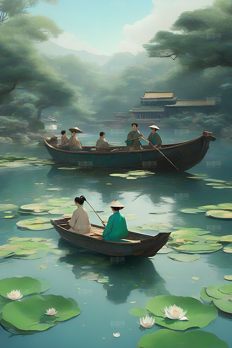 阳光下的水墨画波光荷花