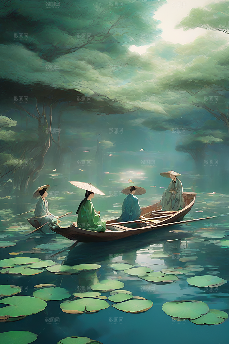 阳光下的水墨画波光荷花