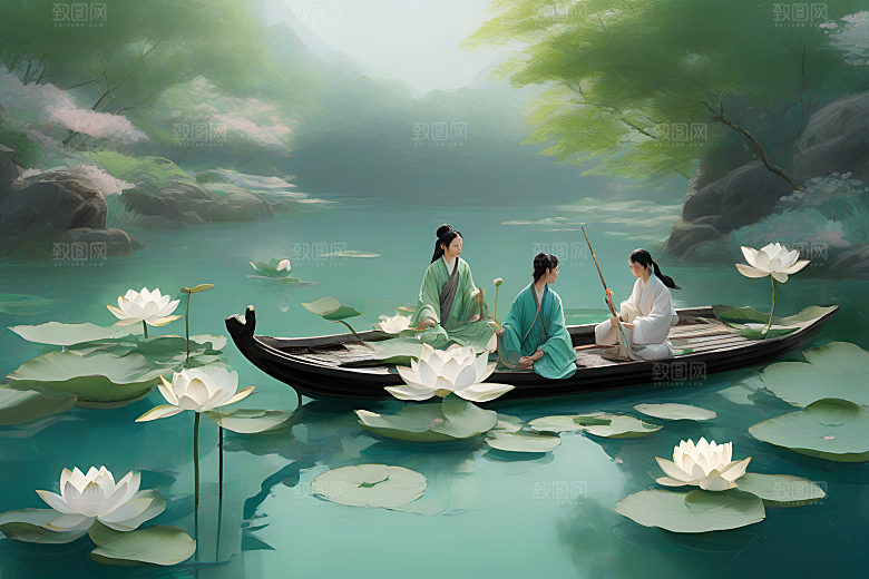 阳光下的水墨画波光荷花