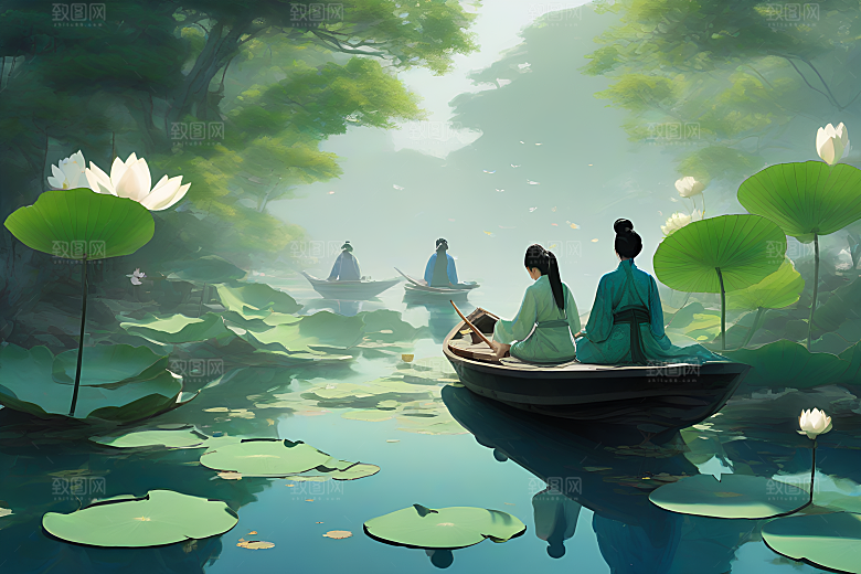 阳光下的水墨画波光荷花