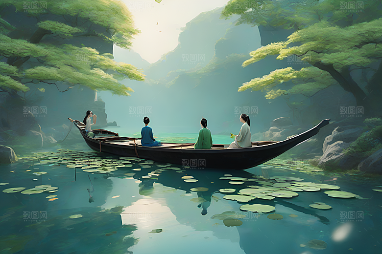 阳光下的水墨画波光荷花