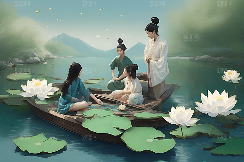 阳光下的水墨画波光荷花