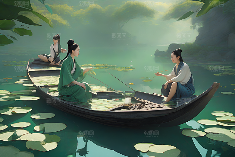 玉荷叶船行中国水墨风情