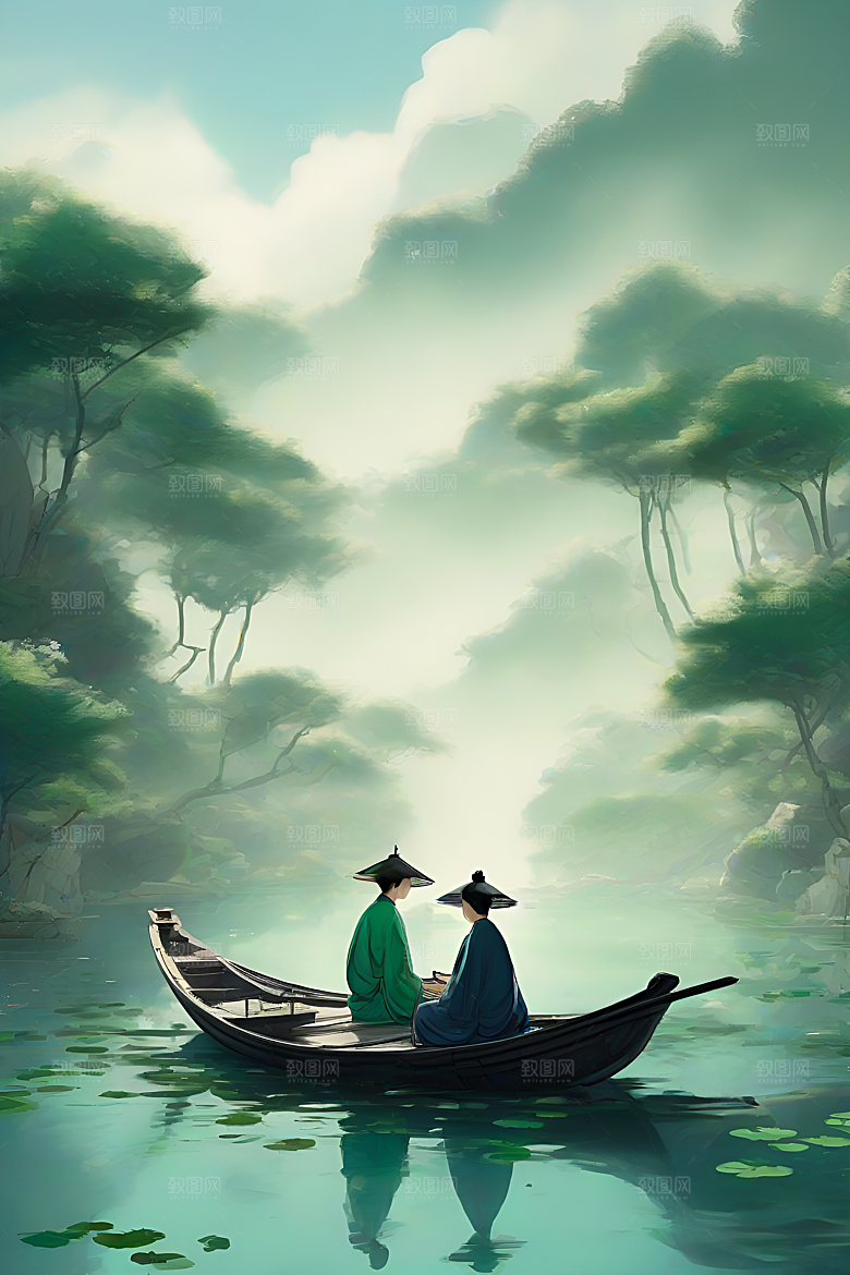 水墨夏日船上观荷