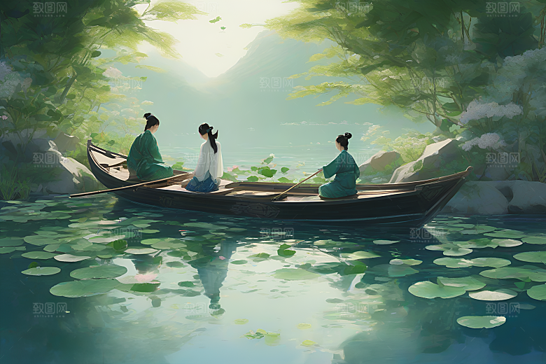水墨夏日船上观荷