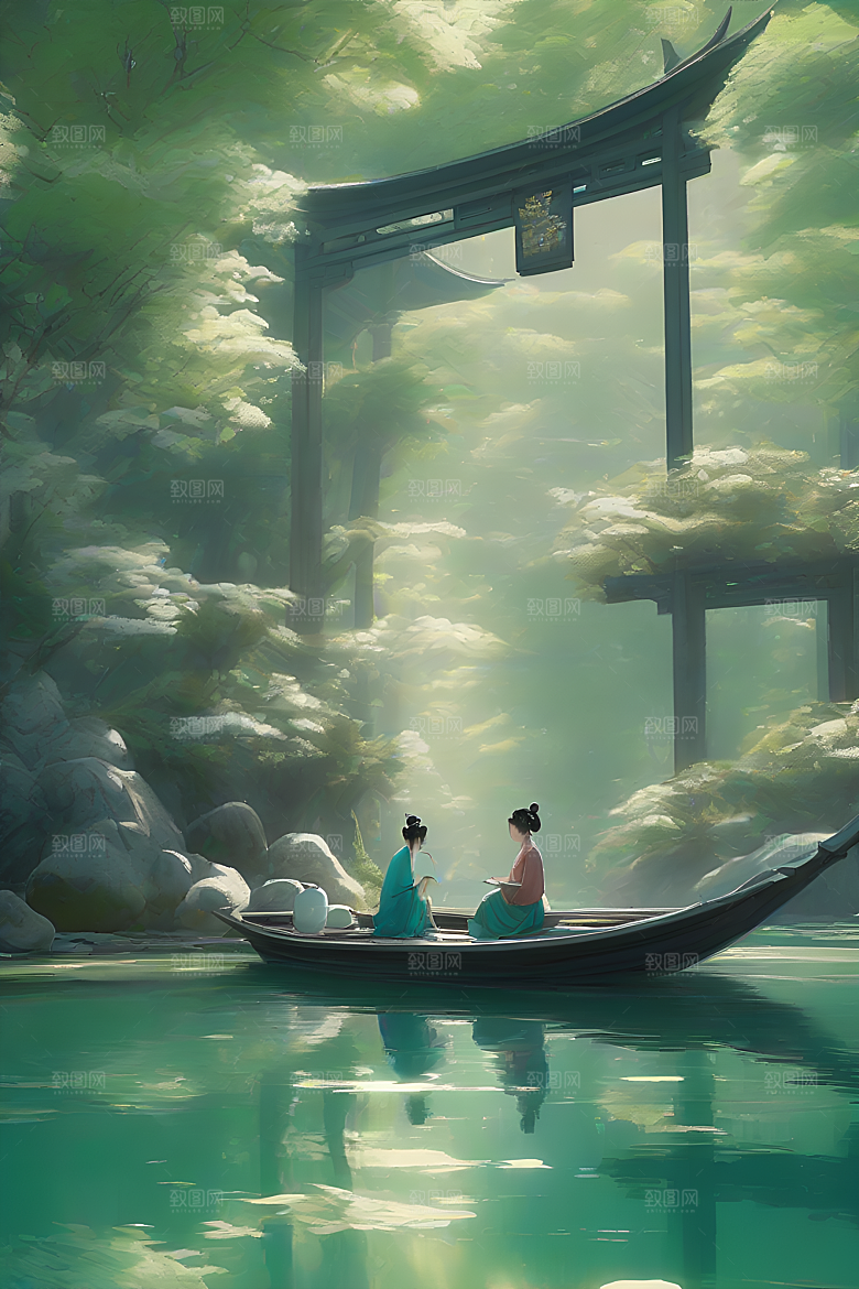 水墨夏日船上观荷