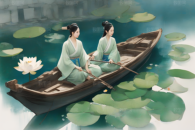 水墨夏日船上观荷
