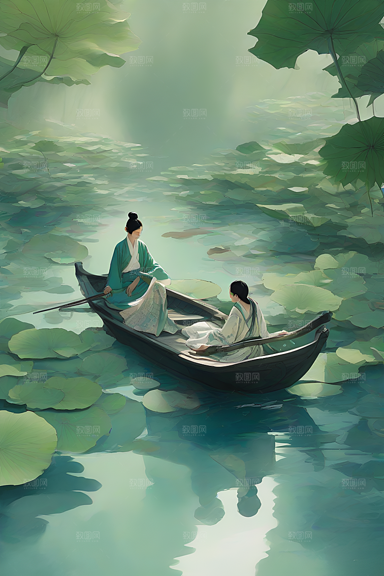 水墨夏日船上观荷
