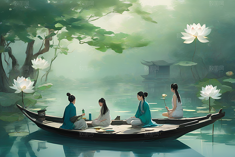 水墨夏日船上观荷