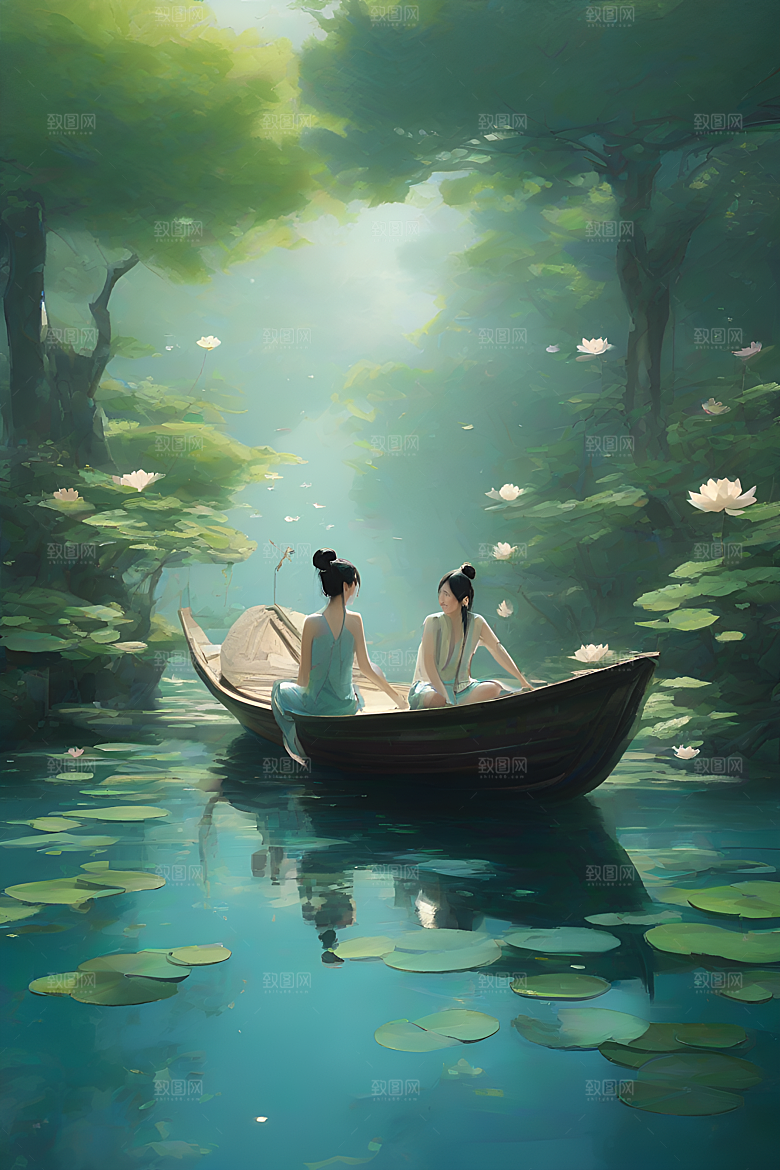 水墨夏日船上观荷