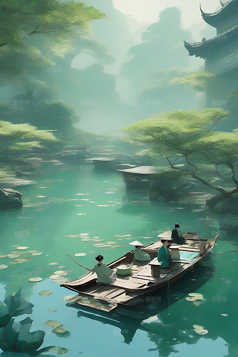 水墨夏日船上观荷