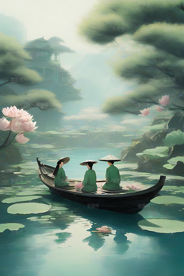 水墨夏日船上观荷