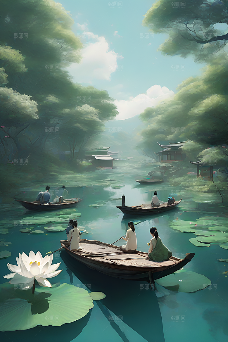 水墨夏日船上观荷