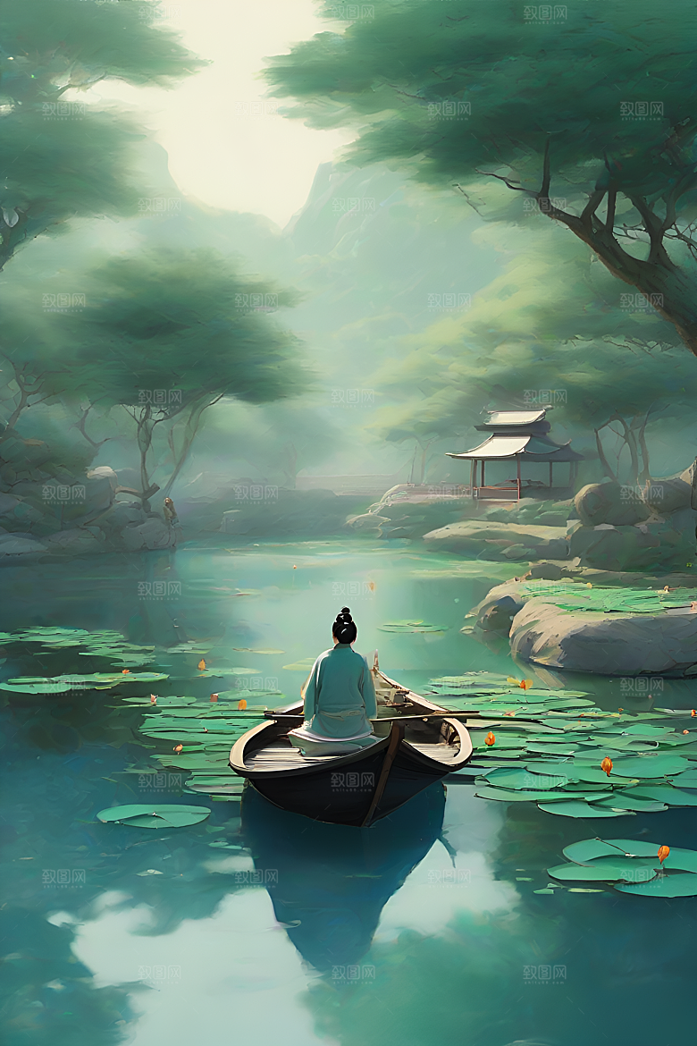 水墨夏日船上观荷