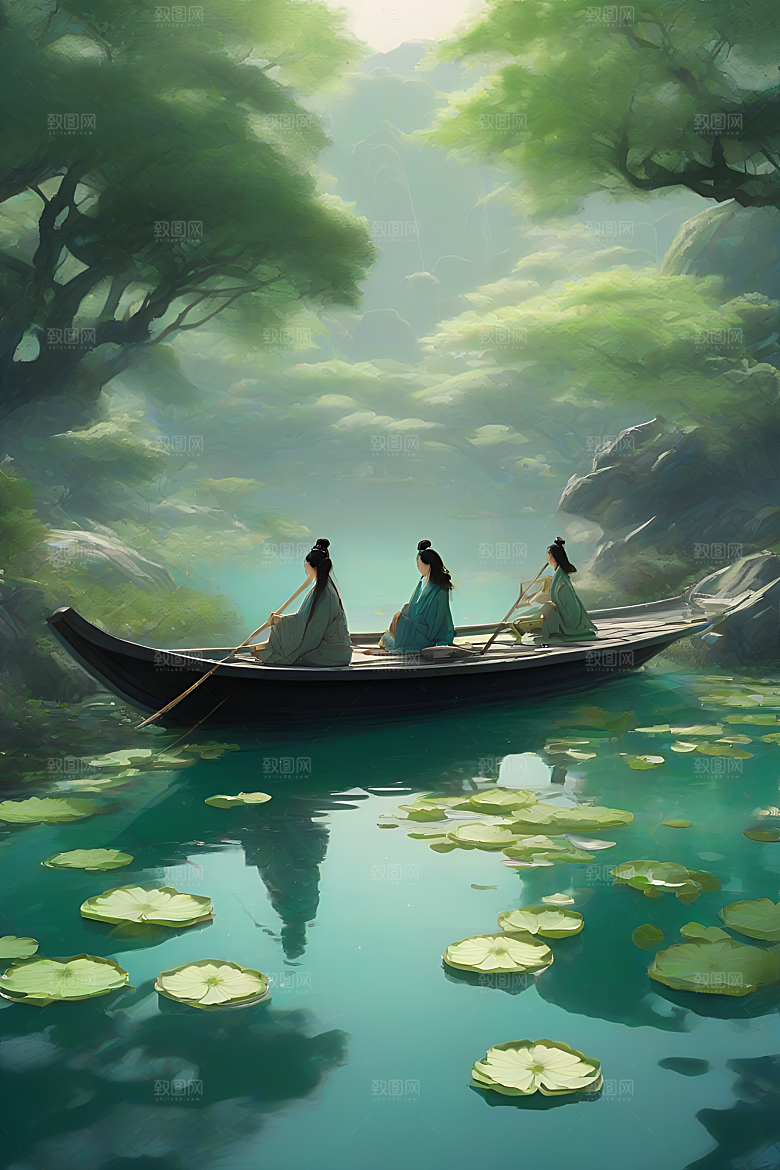 水墨夏日船上观荷