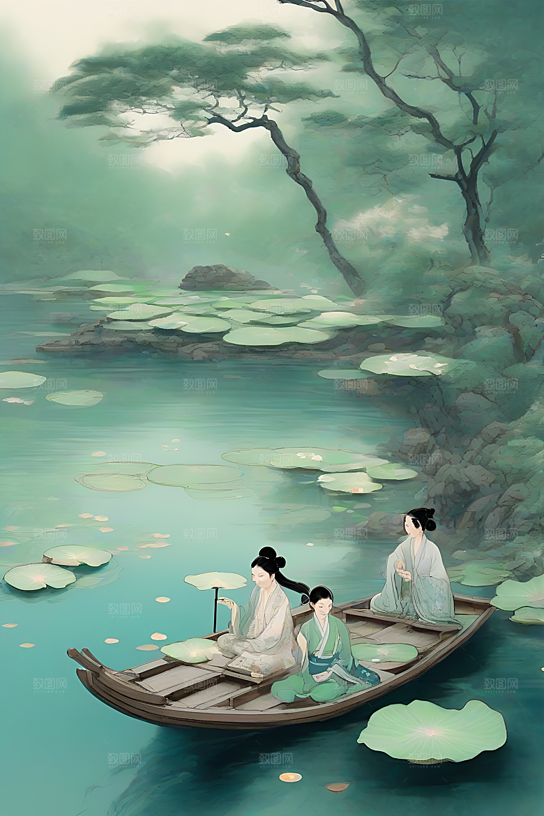 水墨夏日船上观荷