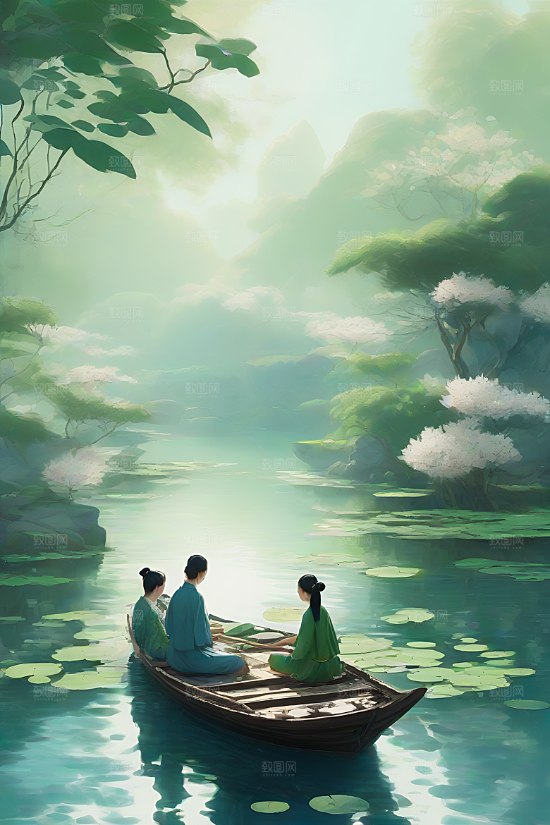 水墨夏日船上观荷