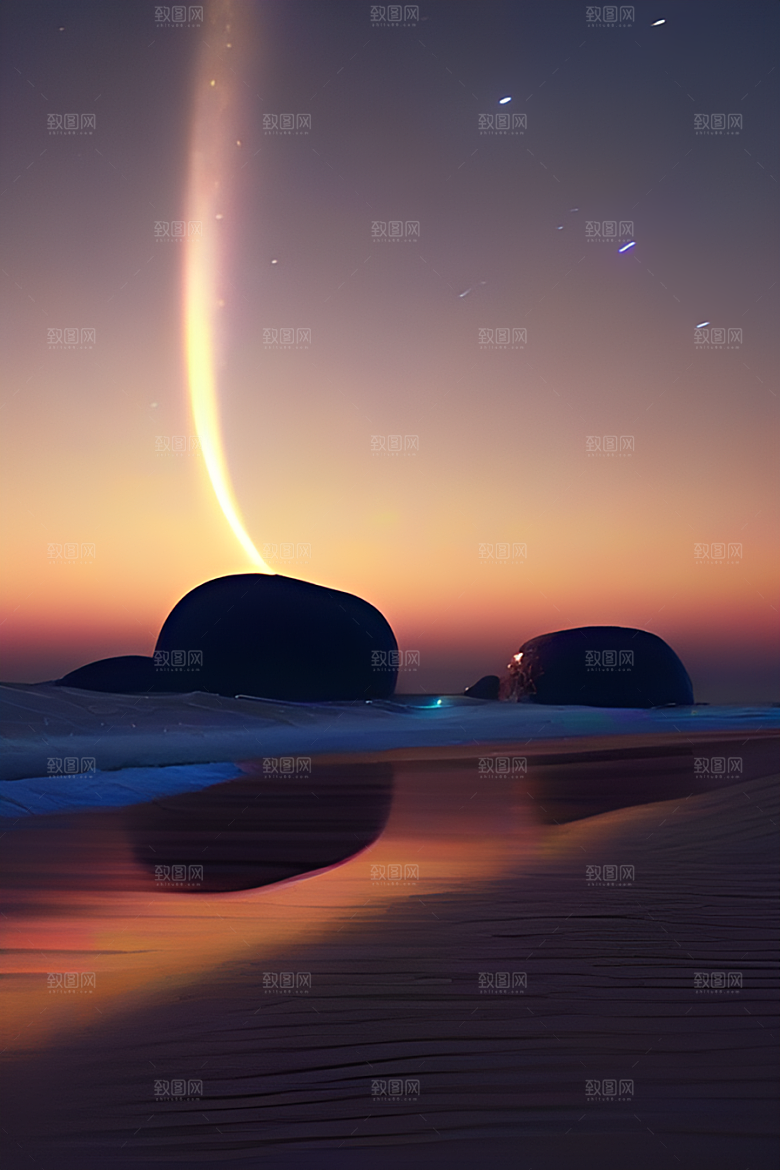 银色星空湖水下多彩云彩真实展现