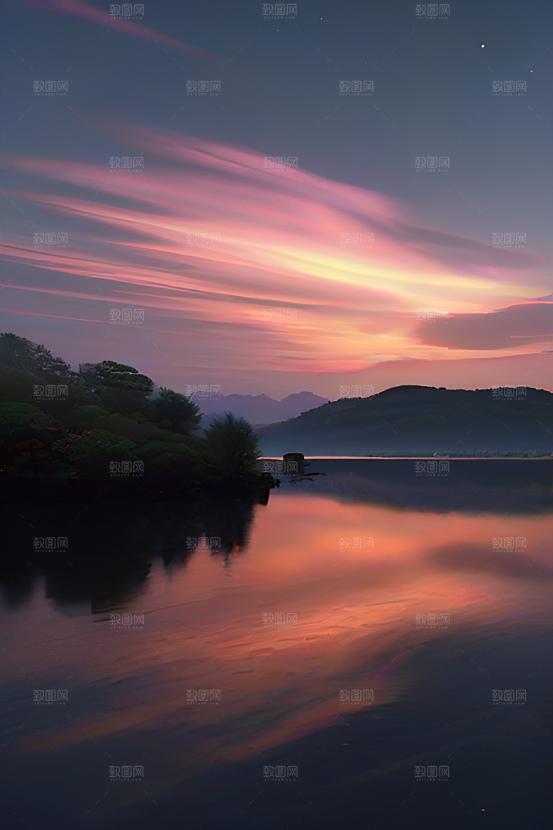 银色星空湖水下多彩云彩真实展现