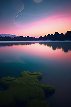 银色星空湖水下多彩云彩真实展现