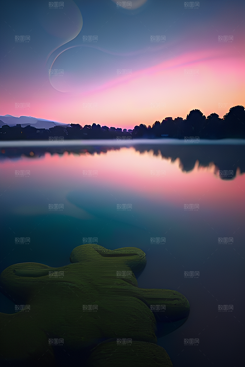 银色星空湖水下多彩云彩真实展现