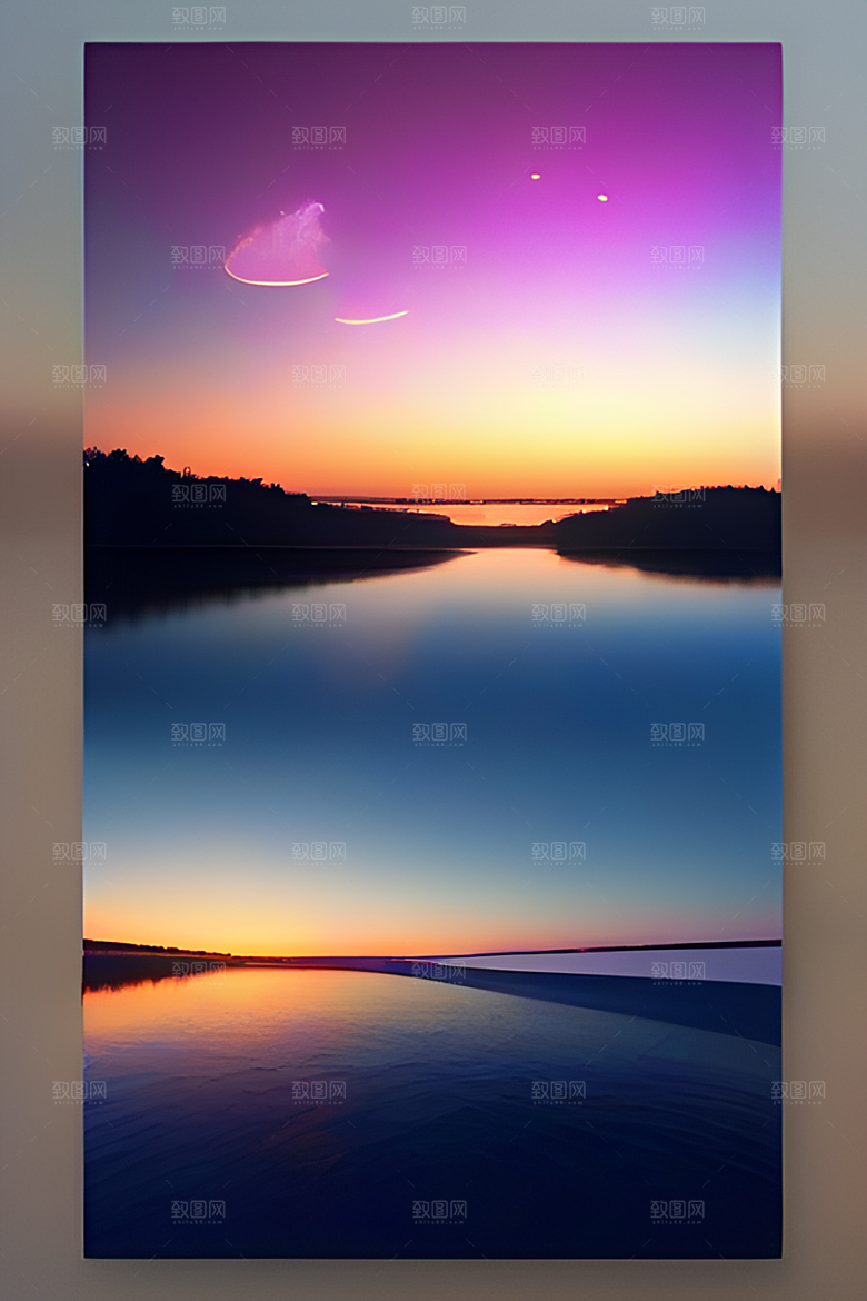 银色星空湖水下多彩云彩真实展现