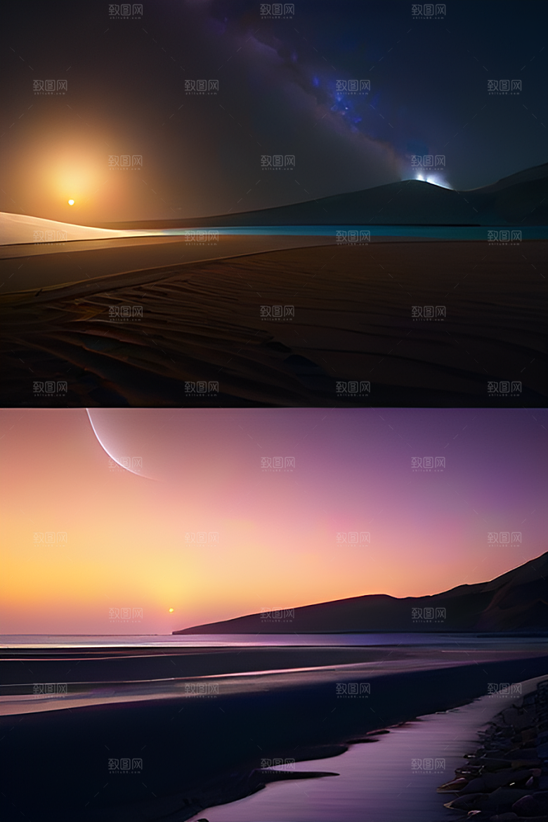 银色星空湖水下多彩云彩真实展现
