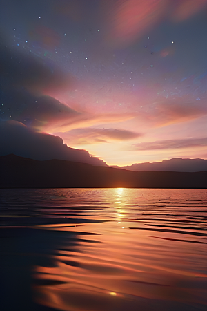 银色星空湖水之下宁静的日落余晖