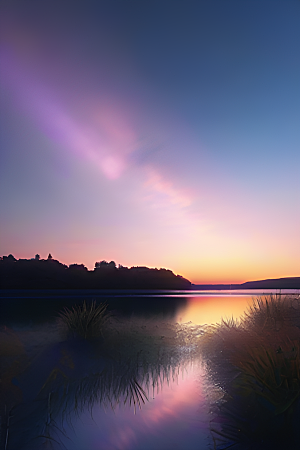 银色星空湖水之下宁静的日落余晖