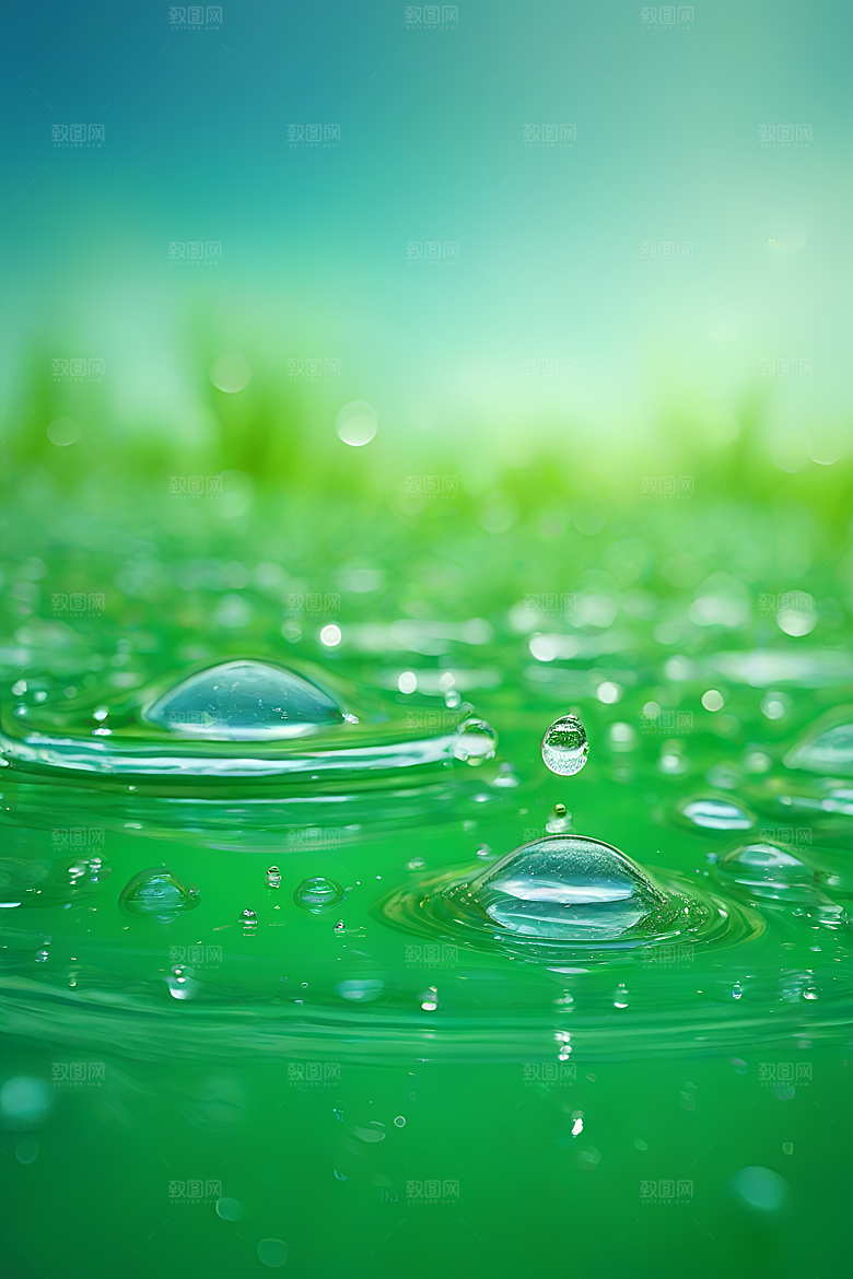 水滴水面照片与蓝天绿水数字背景图片
